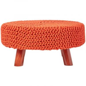 Grand Pouf tressé en tricot et pieds en bois - Orange - Orange - Homescapes