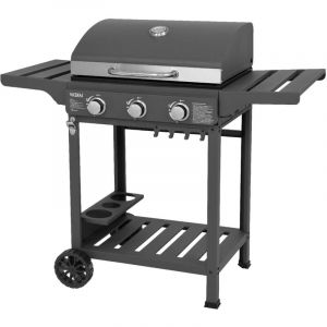 Barbecue à Gaz Portable Kekai Leech 118,5x57,5x104,5cm 9 kW avec 3 Brûleurs, Thermomètre, Tables Latérales, Étagère et Roulettes