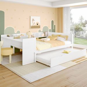 OKWISH Cadre de Lit enfant 140x200cm lit double avec 1 lit 90x190cm avec étagères et bureau - Bois+aggloméré - Blanc