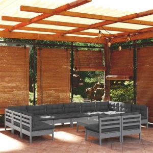 VidaXL Salon de jardin 13 pcs avec coussins gris bois de pin massif