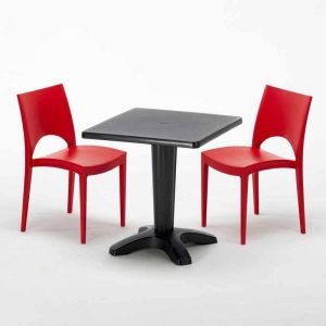 Grand Soleil Table et 2 chaises color&eacute;es polypropylene ext&eacute;rieurs PATIO | Paris rouge - Noir