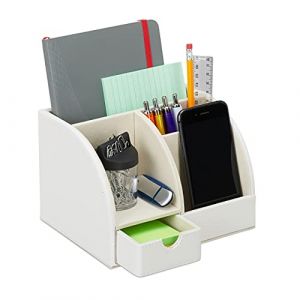 Image de Relaxdays Organizador de escritorio, Con cajón, Cuatro compartimentos, Lapicero, 13x19x15 cm, 1 Ud., Blanco