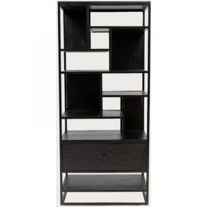 Grande &eacute;tag&egrave;re industrielle en teck massif et m&eacute;tal noir - Uniqka