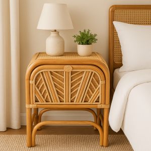 Table de Chevet en Rotin avec Tiroir - Beige - L 46 x l 36 x H 54 cm - Chevet Authentique - Matériaux Naturels
