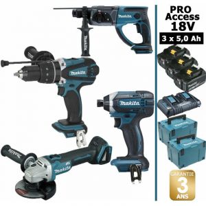 Image de Makita Pack Pro 18V 5Ah: Perceuse 91Nm DHP458 + Meuleuse 125mm DGA504 + Perforateur 2J DHR202 + Visseuse à chocs 165Nm DTD152 +