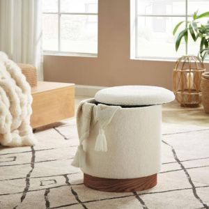 Sicaan - Pouf coffre juliette tissu bouclette blanc & base bois foncé
