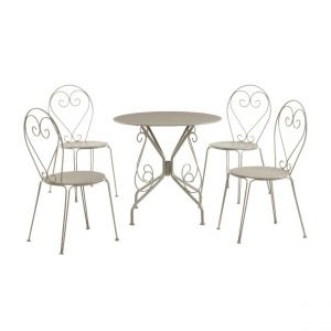 Image de Salle &agrave; manger de jardin en m&eacute;tal fa&ccedil;on fer forg&eacute; : une table et 4 chaises empilables Beige GUERMANTES