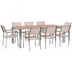 Beliani Table de jardin plateau bois eucalyptus 220 cm et 8 chaises beiges GROSSETO