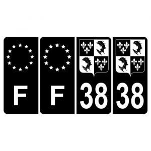 Lot de 4 Autocollants Sticker Plaque d'immatriculation Voiture 38 Blason du Dauphiné Noir & F Europe