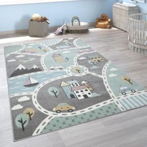 Tapis Pour Enfants, Tapis De Jeu Pour Chambre Enfant, Avec Motif Rues Vert Gris [&Oslash; 120 cm rond]