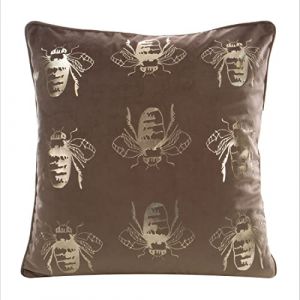 Eurofirany Élégante Housse de Coussin décorative en Velours avec Impression - 45 x 45 cm - pour canapé, Abeilles dorées et Bordure - Beige foncé