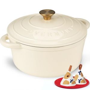 Overmont Cocotte en Fonte &Eacute;maill&eacute;e - &Oslash;24 cm Casserole Antiadh&eacute;sive Avec Couvercle et Maniques en Coton - Batterie de Cuisine Robuste pour Braiser Rago&ucirc;ts R&ocirc;tir Pain - Blanc cr&egrave;me