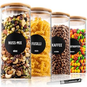 Bocaux de conservation - DECO HAUS - Lot de 4 - Verre borosilicate - Couvercles en bambou - Herm&eacute;tiques