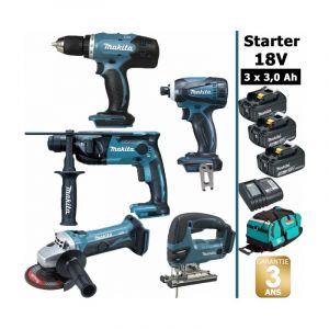 Makita Pack starter 5 outils 18v: perceuse ddf453 + perfo dhr165 + meuleuse dga452 + visseuse à choc dtd146 + scie sauteuse djv180 + 3 batt 3ah + sac