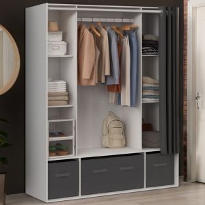 Idmarket Dressing double penderie DIANE 140 x 45 x 167 cm blanc avec &eacute;tag&egrave;res + boites de rangement + rideau gris