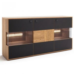 Image de Buffet Bas VALERIA 3 portes poutre ch&ecirc;ne Bianco verre satin&eacute; anthracite