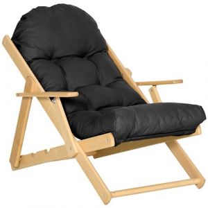 Fauteuil chaise pliable et inclinable en bois grand confort avec coussin capitonné épais - dim. 71I x 89P x 96H cm - noir