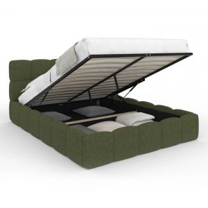 Idmarket Lit coffre double NUAGE avec t&ecirc;te de lit matelass&eacute;e et sommier 140 x 190 cm tissu bouclette vert kaki