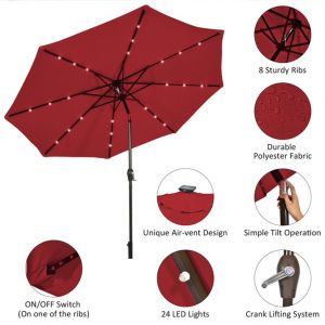 Image de Parasol Coast - 24 LED solaires - r&eacute;sistant aux UV & fonction d'inclinaison - 305cm - Rouge