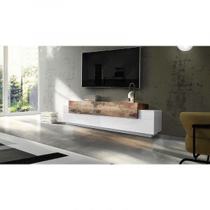 Image de Dmora - Meuble tv Dmirand, Buffet bas de salon, base meuble tv, 100% Made in Italy, 200x45h52 cm, Blanc brillant et Érable