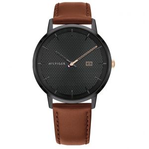 Tommy Hilfiger Montre 1791700 - boitier acier plaqué ionique noir rond cadran noir bracelet cuir marron Homme