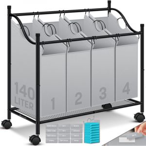 Panier à linge Collecteur de linge Trieur de linge avec poches amovibles en tissu Boîte à linge avec 12 indications de lavage Roulettes 360° avec