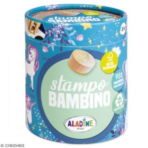 Image de Aladine Tampons Enfants Stampo Bambino - Coffret 8 Tampons Support Bois Durable Label FSC + Encreur Noir - Loisirs Créatifs dès 3 ans - Thème Licorne