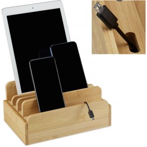 Relaxdays Station de recharge en bambou, plusieurs appareils, tablettes & smartphone, c&acirc;ble, 10x22,5x15 cm, nature