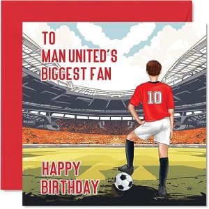 Stuff4 Carte d'anniversaire de football pour les fans de Man United – Carte d'anniversaire amusante pour fils, papa, frère, oncle, collègue, ami, cousin, 145 mm x 145 mm