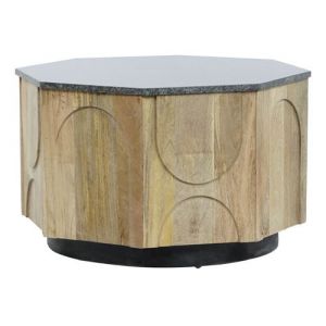Pegane Table basse en bois de manguier sculpté et marbre noir - Longueur 80 x Profondeur 80 x Hauteur 45 cm -