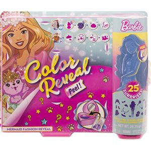 Image de Mattel Color Reveal coffret Sirène Fantastique, poupée avec 25 éléments surprises, 16 sachets mystères, modèle aléatoire, jouet pour enfant, GXV93