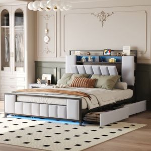 Image de Lit adulte capitonn&eacute; 160x200 cm - avec &eacute;clairage LED - avec prise USB - avec tiroirs - cadre de lit en fer massif - Beige