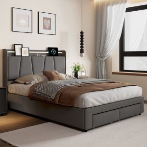 Image de Lit coffre 140 x 190 avec sommier,lit 2 personnes avec LED et USB,pied de lit avec tiroir,lit 140x190 avec rangement et sommier à lattes en bois,lit