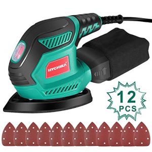 Ponceuse Vibrante, HYCHIKA 200W 14000RPM Ponceuse Triangulaire Vibrante avec 12PCS Feuilles Abrasifs & Collecte de Poussière, Idéale pour les Espaces Restreints et Confinés