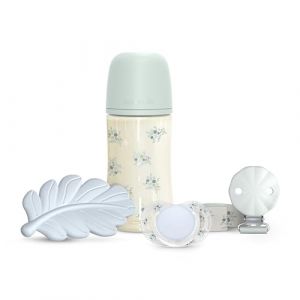 Suavinex Set cadeau panier bébé + 0 mois et nouveau-nés, tétine 0/6 mois avec tétine SX Pro + tétine en tissu + biberon anti-colique avec tétine SX Pro Débit moyen (M) 270 ml + anneau de dentition