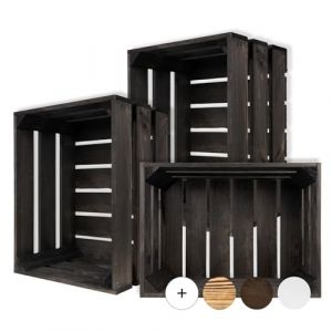 Lot de 3 Caisse Bois Noir 40x30x23cm Rangement Vintage Boîte