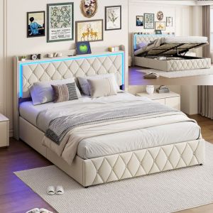 Fortuna Lai - Lit coffre 140x200 cm - lit double adulte avec led, port rechargeable, tête de lit et sommier à lattes - en tissu beige