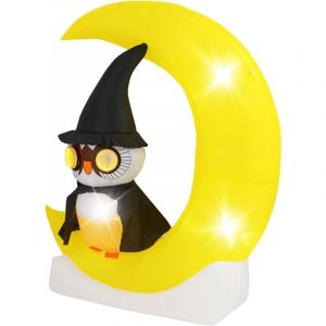 Décoration dHalloween Lumineuse H155 cm - COSTWAY - Hibou Sorcier Gonflable sur Lune - Souffleur Intégré - Piquets et Sac de Sable