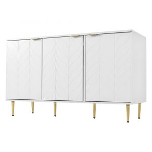 Urban Meuble - Commode blanc motif cannelé 6 tiroirs avec éclairage led poignets dorés