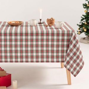 Nappe de Noël en coton jacquard carreaux blanc 140x350 cm
