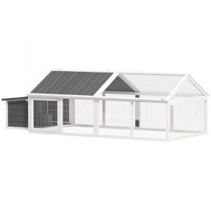 Pawhut Poulailler Espace Couvert Pondoir 2 Zones - Porte, Toit Ouvrant - 2,4 X 1,12 X 0,76 M - Bois Gris Blanc