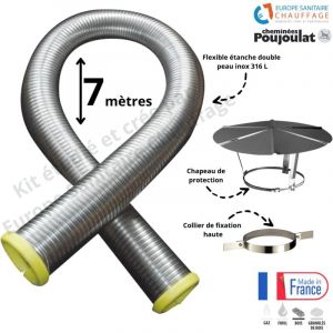Poujoulat Kit tubage flexible double peau inox diamètre 130 + collier de fixation haute + chapeau Longueur du conduit 7 mètres