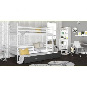 Lit Superposé 3 Places Milo 90x190 Blanc - gris Livré avec sommiers, tiroir et matelas en mousse de 7cm - Blanc - gris