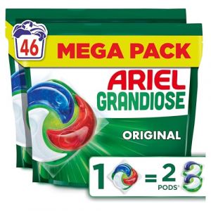 Ariel Grandiose PODS Original, 46 Lavages, 2X Action Détachante et Anti-Odeur, Dissolution Rapide Même à Froid, Économisez 60% d'Électricité, Pour Lessives Mixte et Taches Tenaces, Fabriquée en France