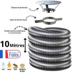 Edilinox - Kit tubage flexible double peau inox diam&egrave;tre 130 + collier + chapeau Longueur du conduit 10 m&egrave;tres