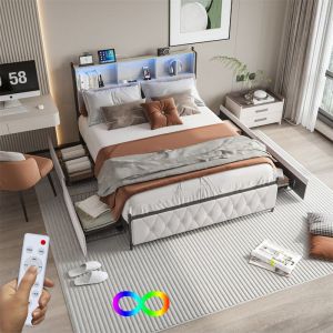Lit double rembourré, avec 4 tiroirs, RGB LED, station de recharge, sommier à lattes et tête de lit rangement, velours, beige 160x200cm