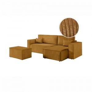 Loungitude PACK - CLARISSE - Canap&eacute; d'angle convertible r&eacute;versible avec pouf en velours c&ocirc;tel&eacute; - Jaune