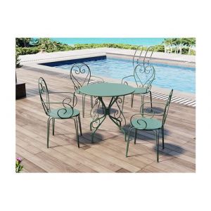 Salle &agrave; manger de jardin en m&eacute;tal fa&ccedil;on fer forg&eacute; : une table et 4 fauteuils Vert amande GUERMANTES Vert amande
