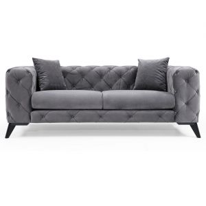 LesTendances Canapé 2 places capitonnage Chesterfield velours gris foncé pieds chromé Herakles 197 cm