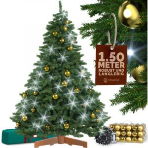 CASARIA Sapin de Noël artificiel Premium 2 tailles pied en bois certifié FSC lot boules de Noël guirlande lumineuse LED Sapin 150cm – 54 boules
